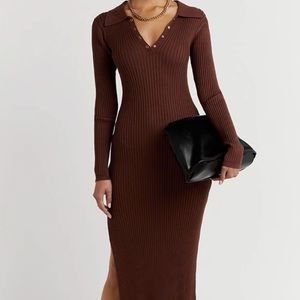 DISSH Long Sleeve Chocolate Ribbed Knit Midi Dress w/slit